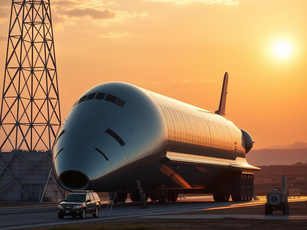 SpaceX Starship prototype on launch pad preparing for test flight, commercial space flight vehicle SpaceX Starship prototype on launch pad preparing for test flight, commercial space flight vehicle