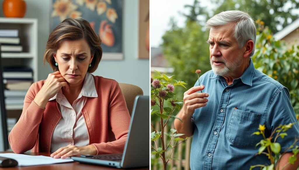 Split image showing real-life scenarios of unusual heart attack symptoms in both women and men