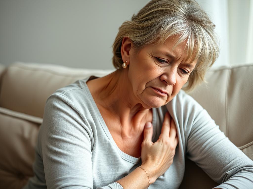 Woman experiencing unusual signs of a heart attack including jaw pain and fatigue